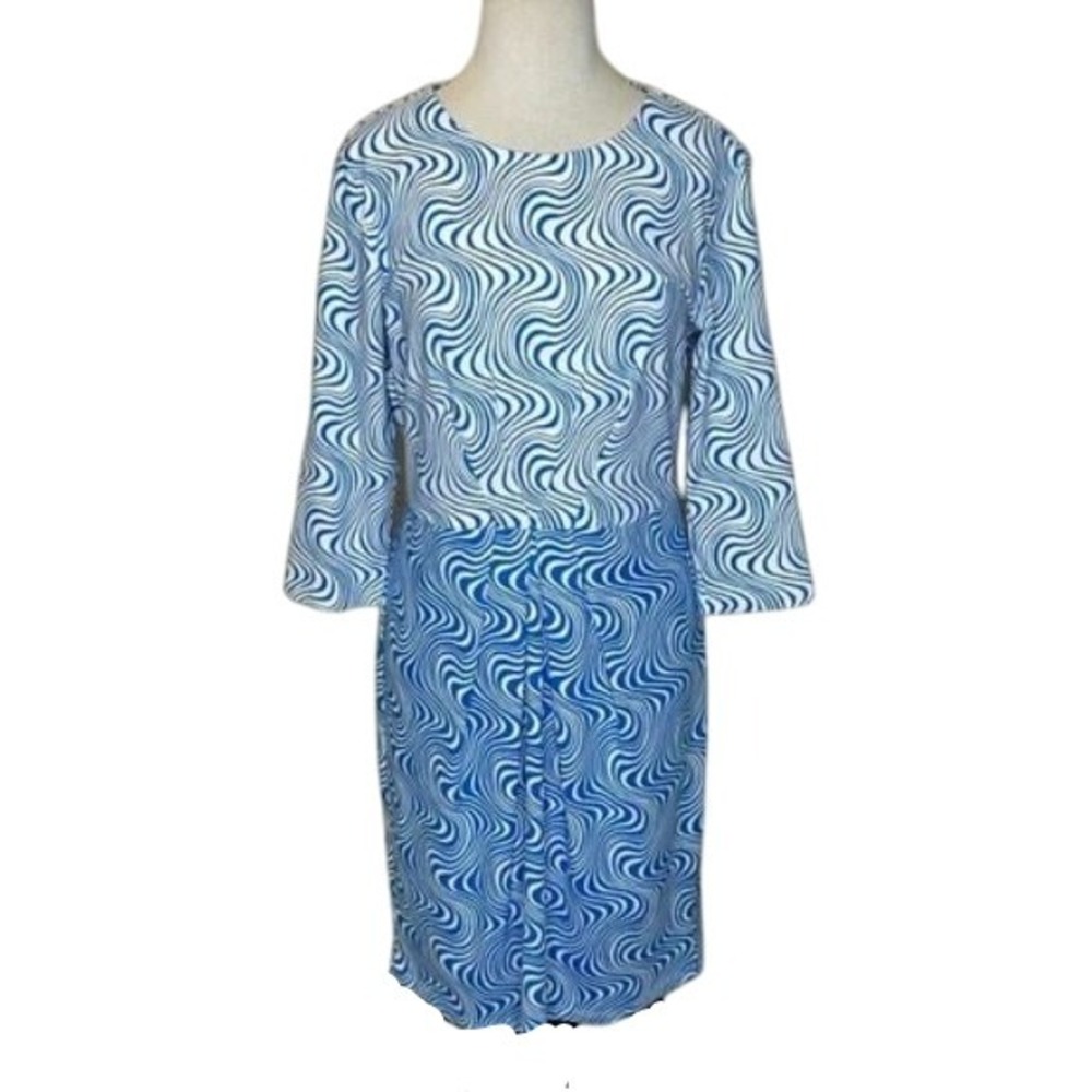 J.McLaughlin Scuba Dress Women's Size Large Blue White Swirl Print Pleated